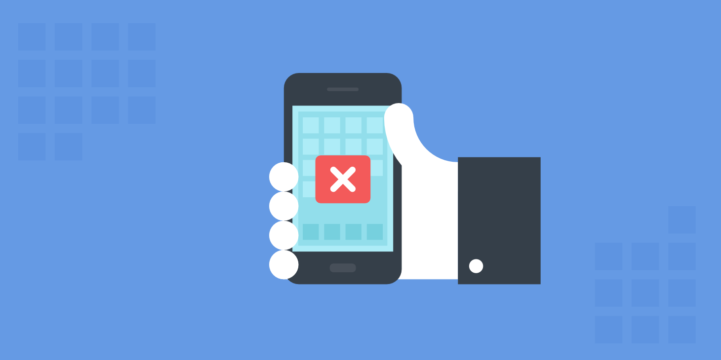 Graphic of hand holding mobile device with red X in box on screen to represent removing accelerated mobile pages from your website