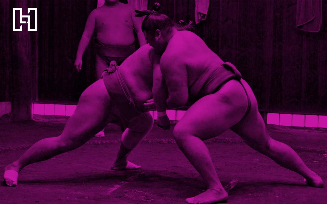 Featured image for Facebook Ads vs. Google Ads: Which Should You Be Using? with two sumo wrestlers in the ring