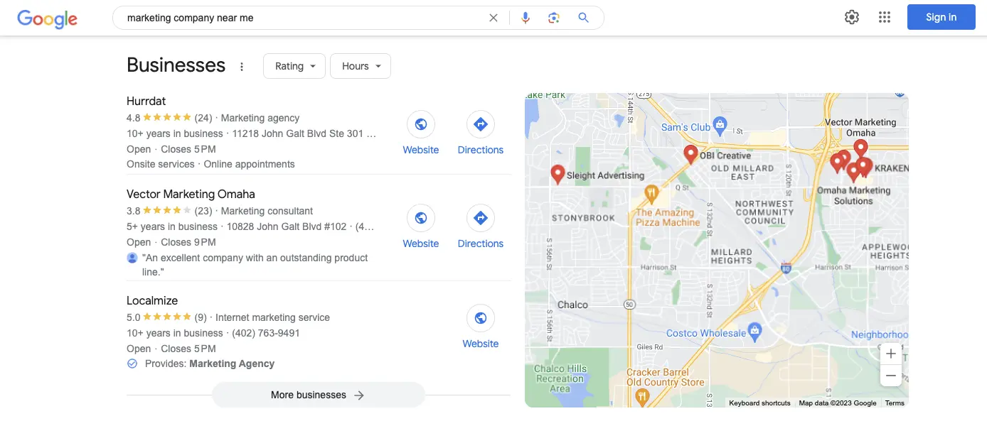 Screenshot of Google search feature for local search "marketing company near me"