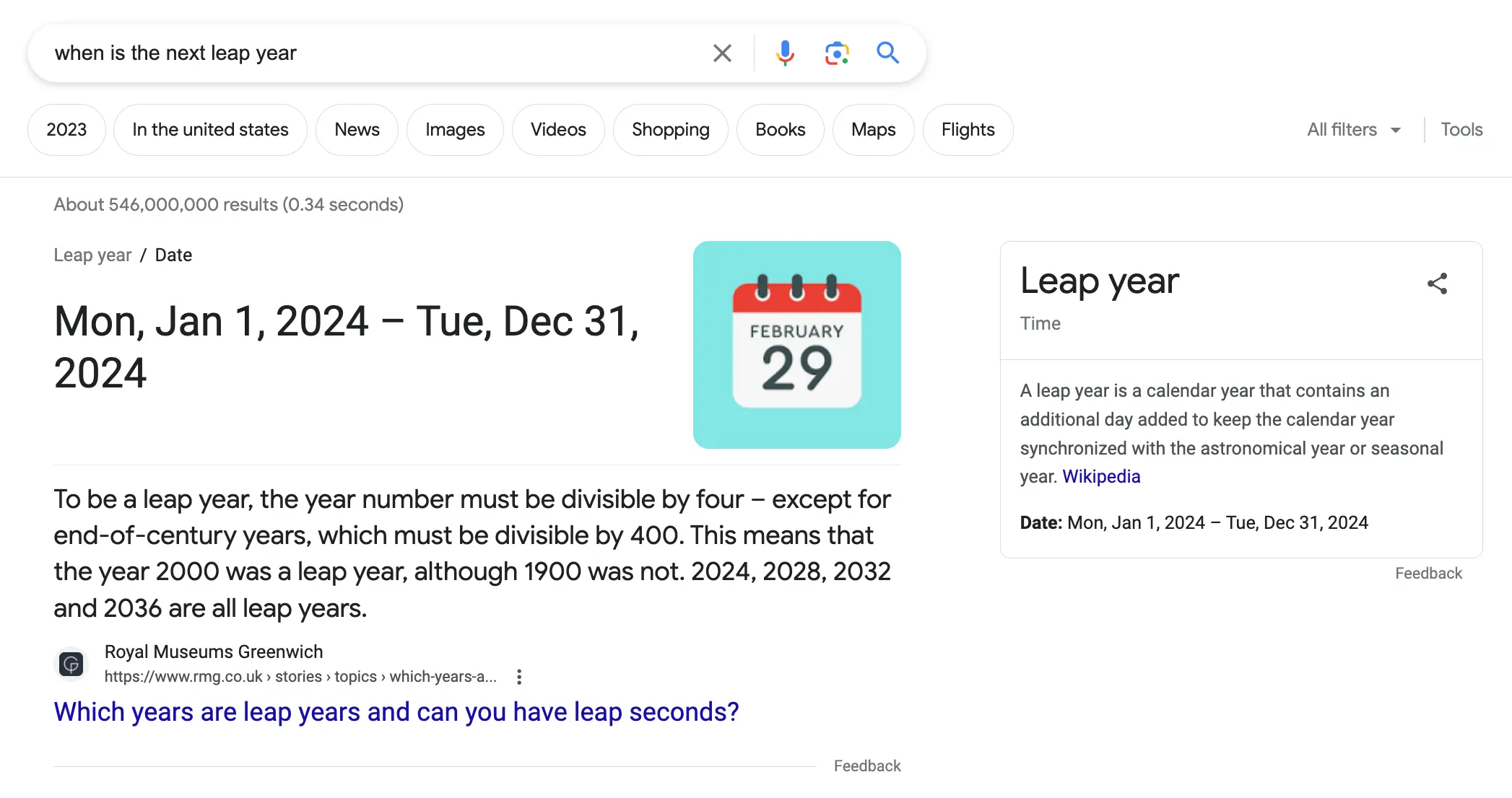 Screenshot of Google SERP feature for leap year search intent