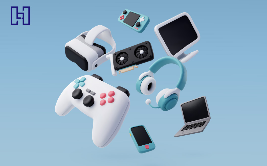 Featured image for Types of Content Creators & How Much They Make with computer, vr headset, phone, laptop, headphones, gaming consoles and controllers floating in blue background