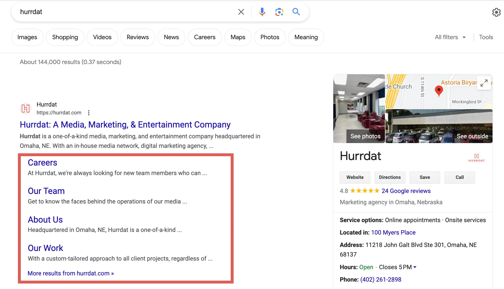 Screenshot of Google SERP from search "hurrdat" with red box around additional webpages like Careers, About Us, Our Work, and Our Team