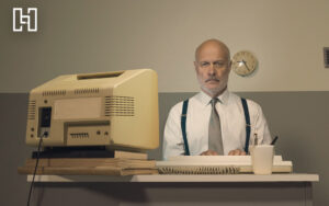 Featured image for Your SEO Guide to Google E-E-A-T with man in formal wear sitting behind a desk with an old tube computer