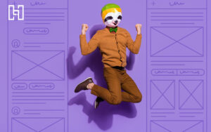 Featured image for Best Service Page Design Examples as man with a sloth head jumping in the air