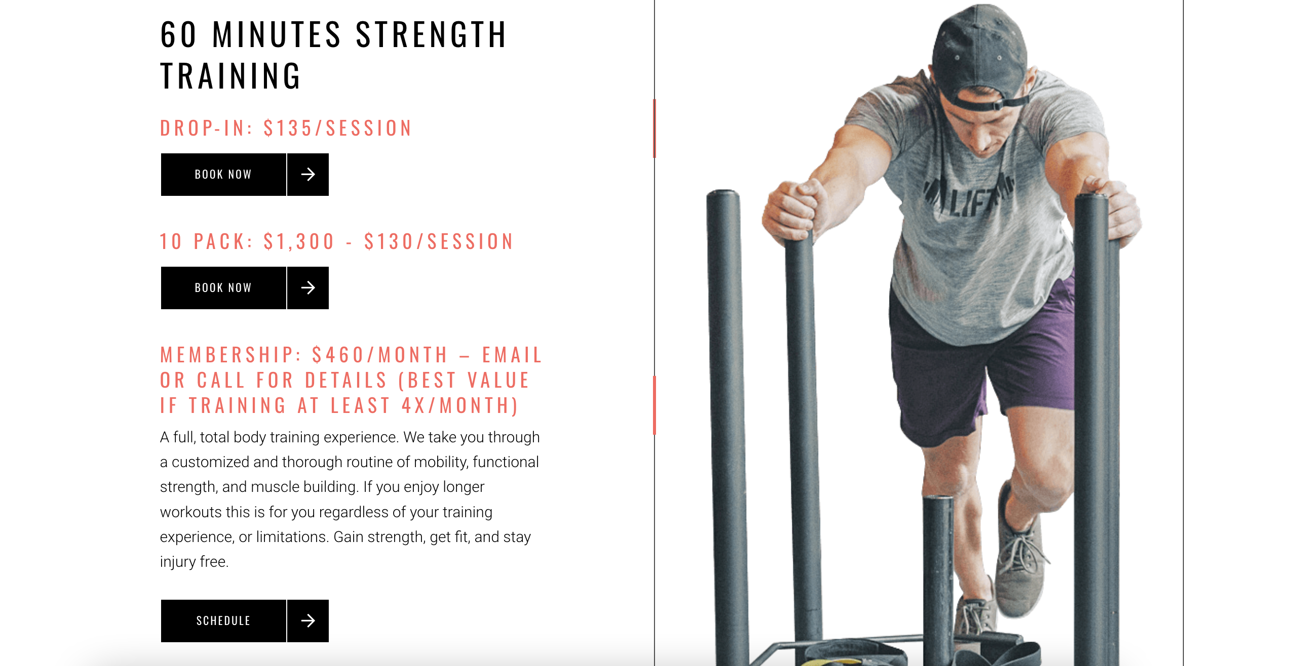 Screenshot of 60 minutes strength training service page for Lift Chicago website