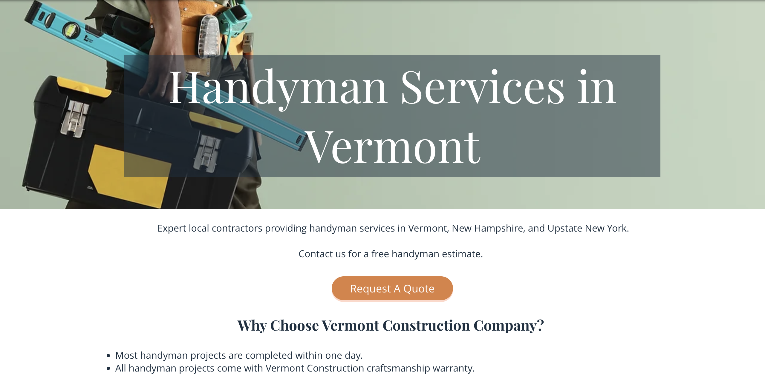 Screenshot of handyman services page at Vermont Construction
