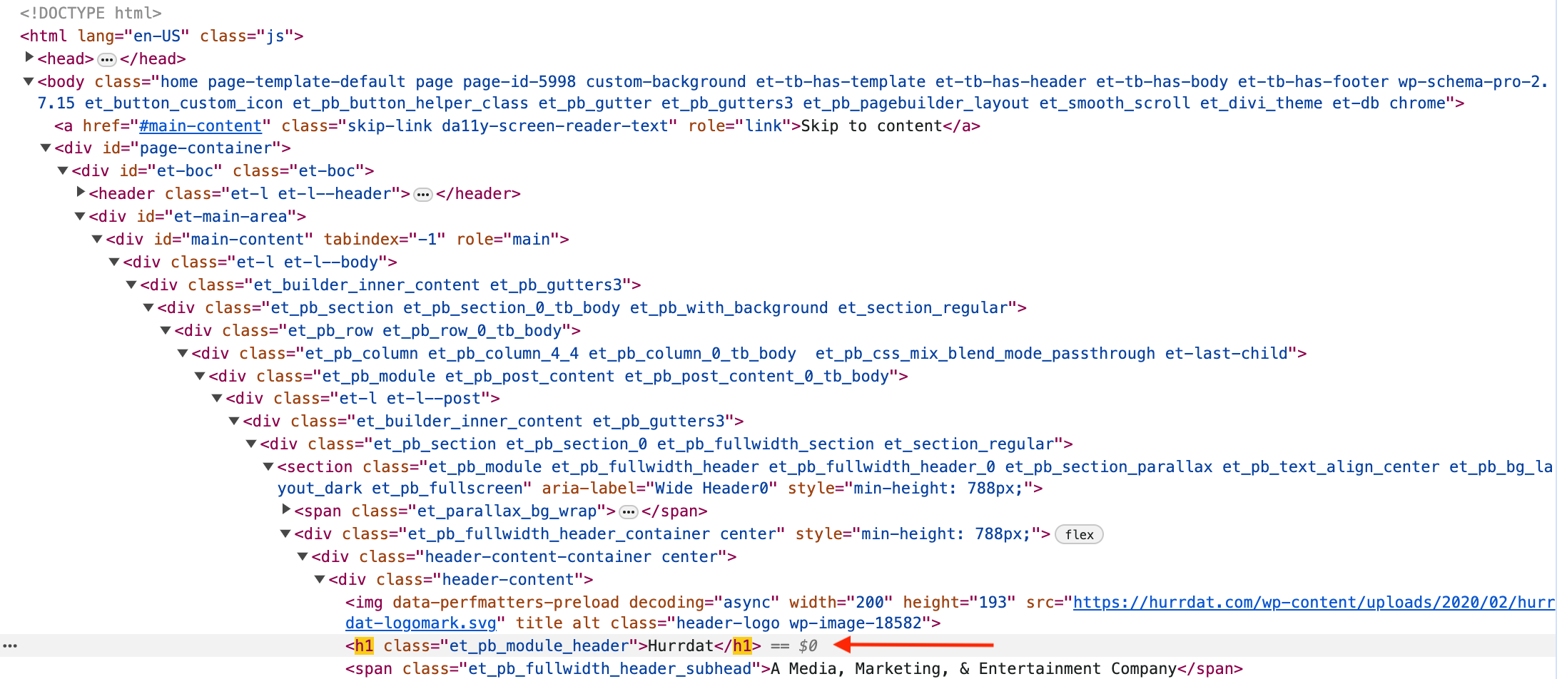 An HTML code block with the h1 page title tag highlighted.