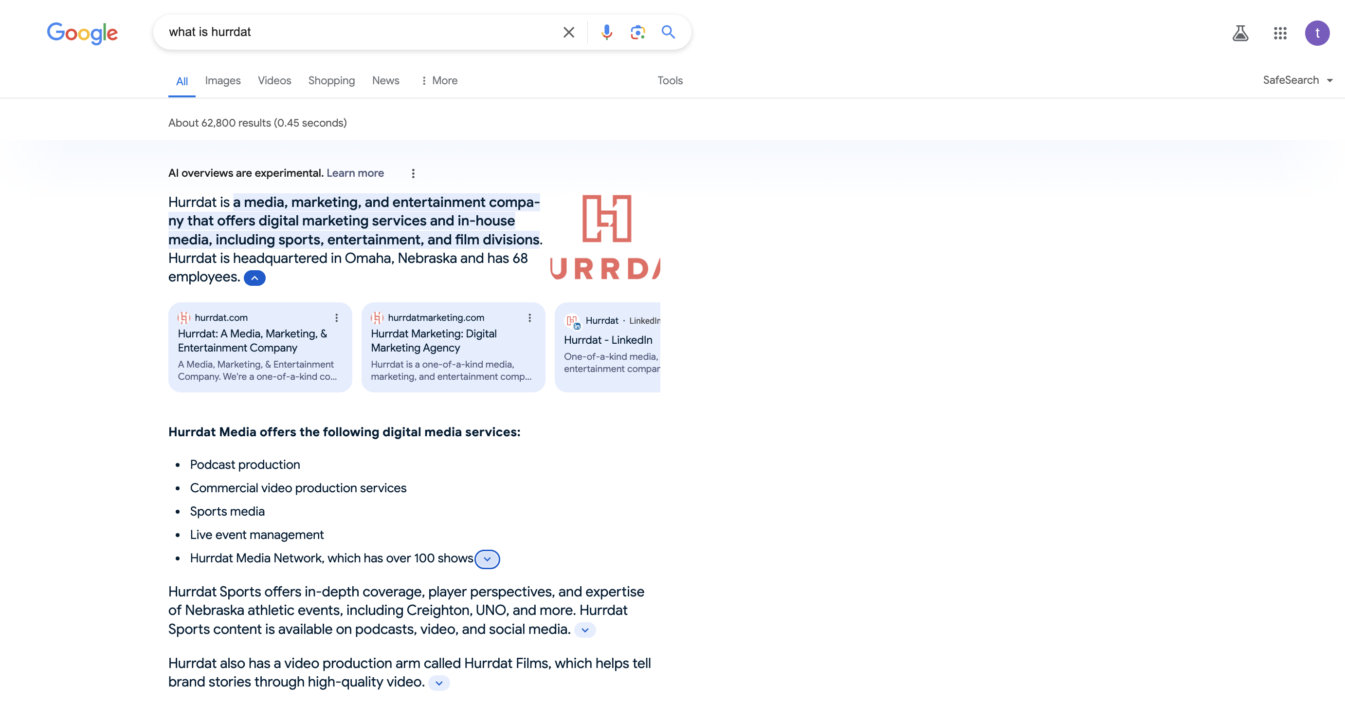 Screenshot of Google SGE result from query "what is Hurrdat" with text answer, bulleted list of services, logo, and three links to Hurrdat webpages