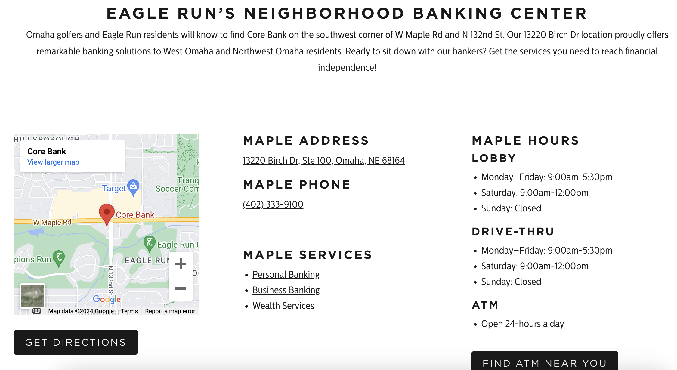 Core Bank's Maple location webpage for Eagle Run residents with NAP data, hours, map embed, internal links to service pages, and CTA buttons