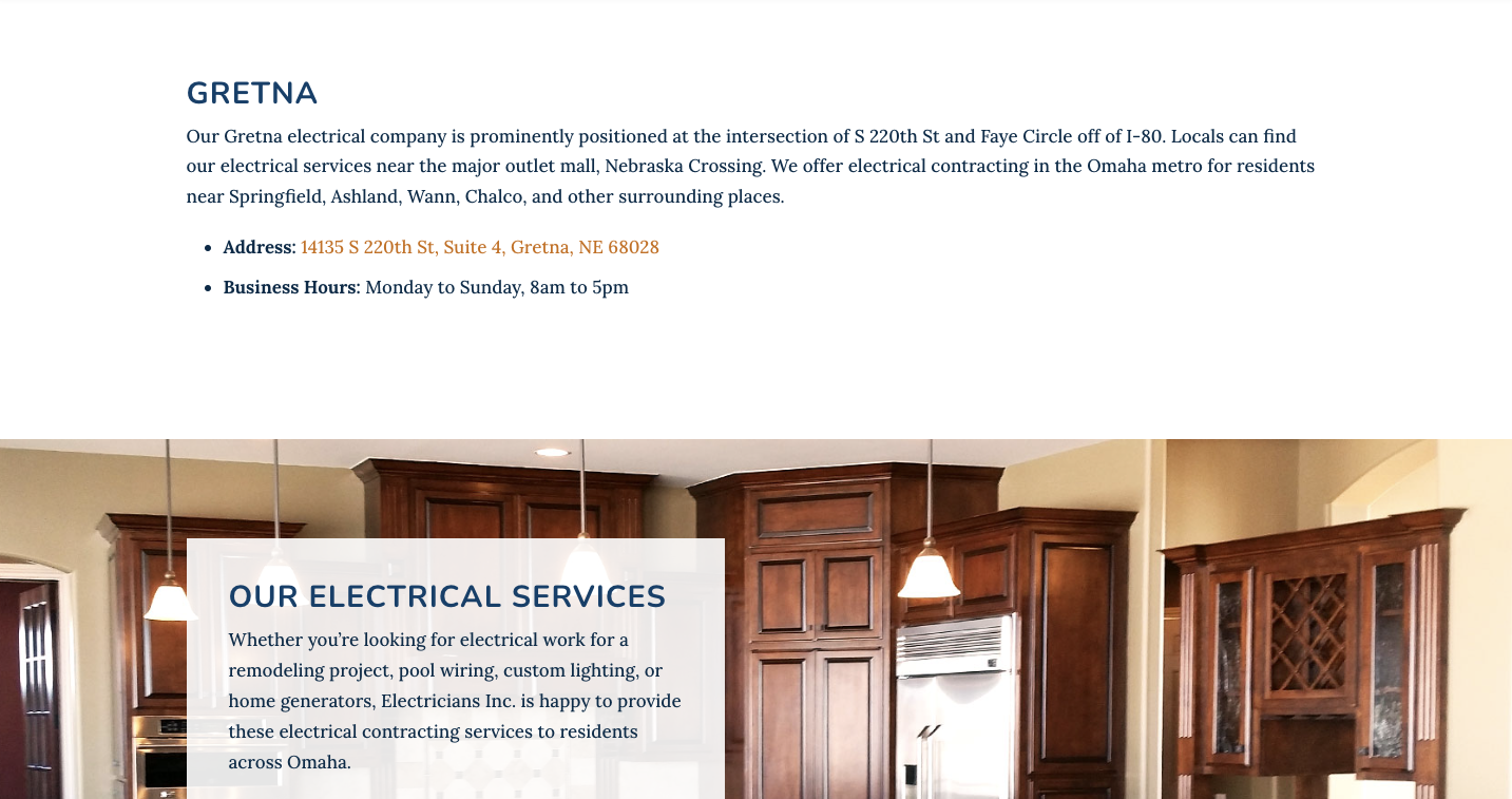 Electricians Inc. Gretna location webpage design with hyperlocal copy, address, hours, photos, and services
