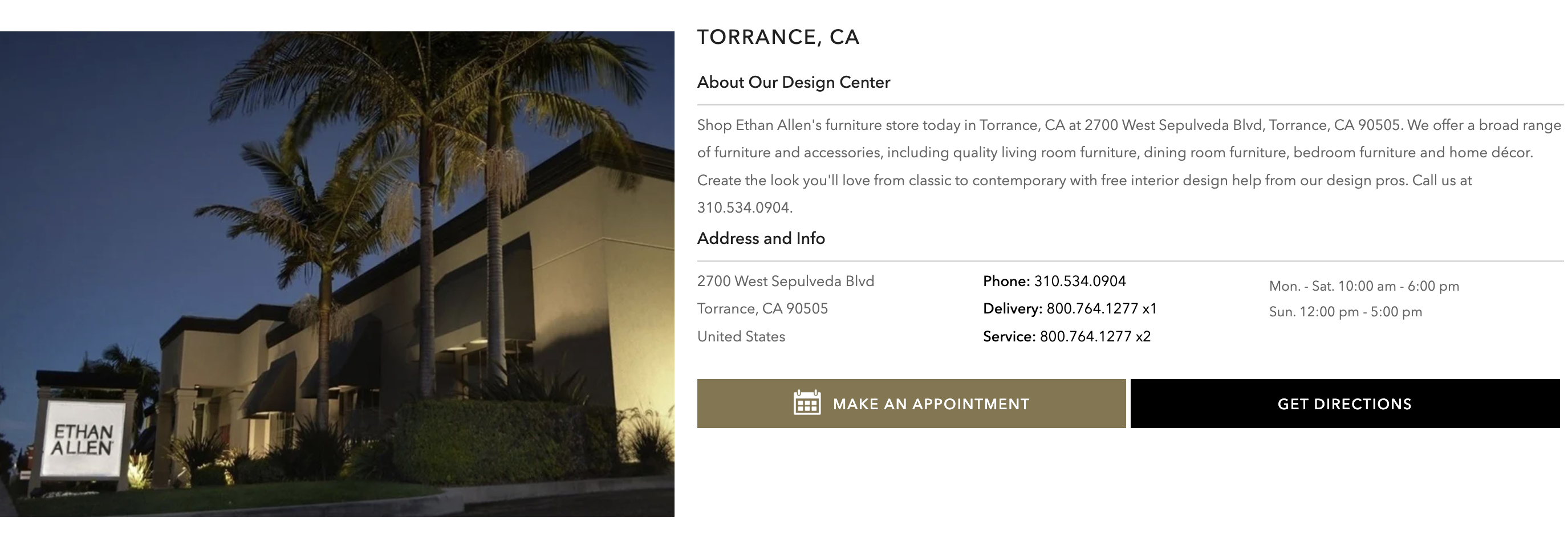 Ethan Allen's Torrance, CA location webpage design with details about the business, NAP info, hours, driving directions, photo of the location, and book an appointment CTA