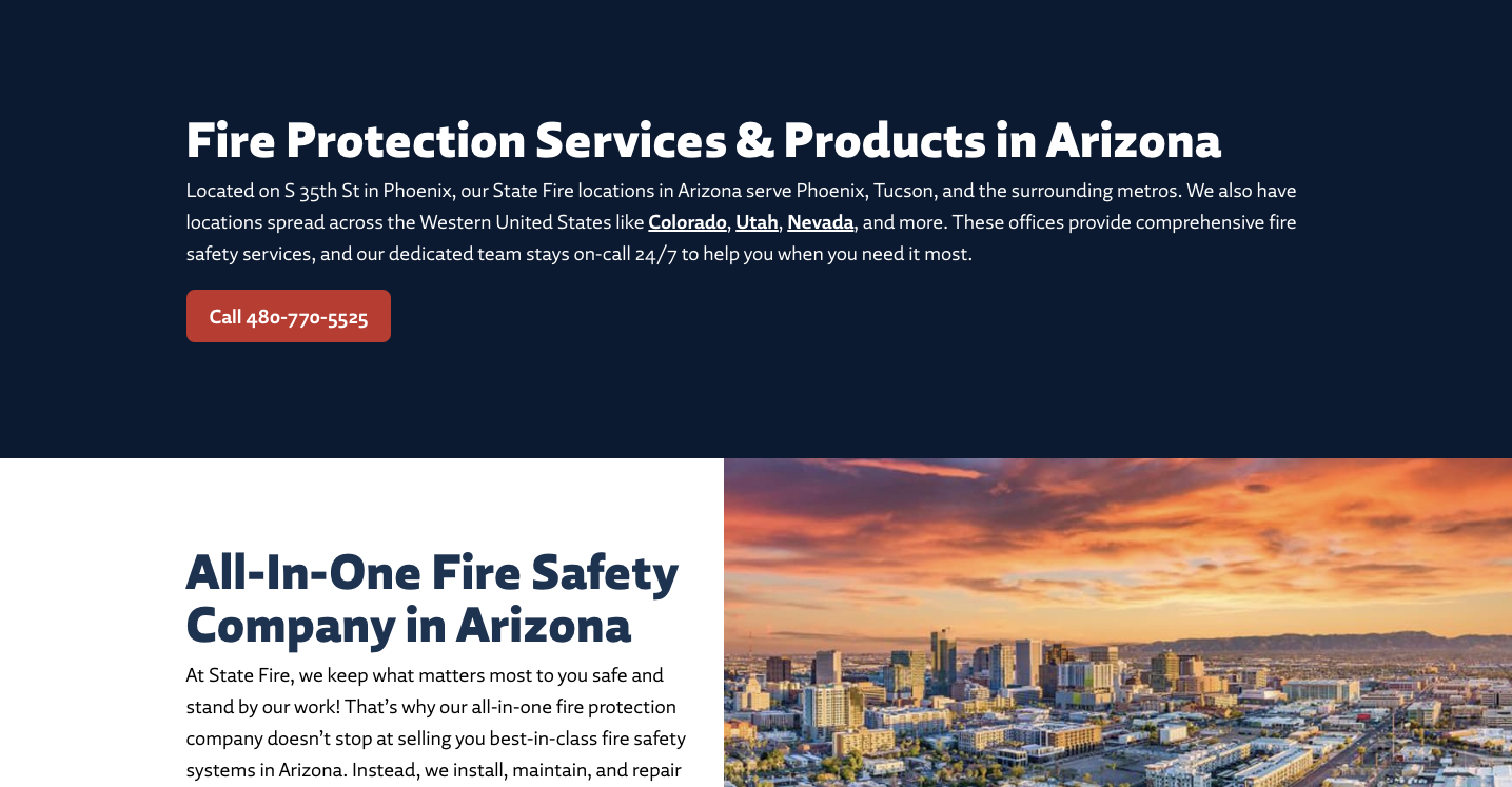 State Fire's Arizona location webpage design with hyperlocal content, phone number, photos, and links to other location pages