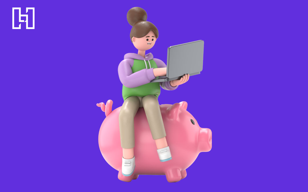 Girl typing on laptop and sitting on piggy bank in 3D cartoon style