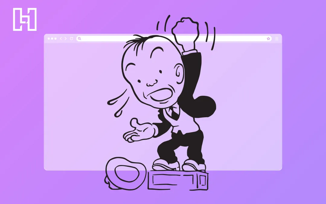 Cartoon drawing of man shaking fist in the air and standing on box in front of a blank purple webpage