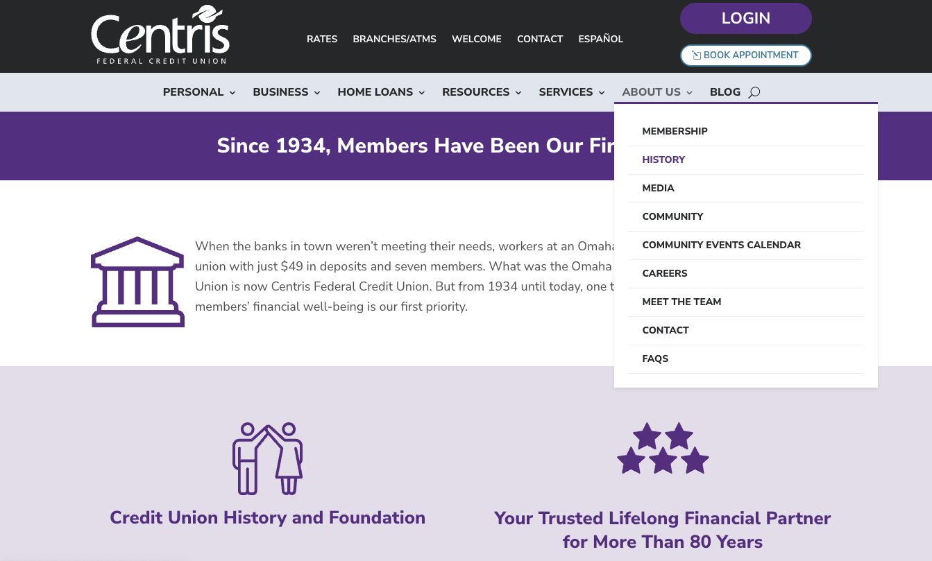 Screenshot of Centris FCU's About Us navigation menu to membership, history, community, calendar, careers, meet the team, FAQs, and contact pages on their website