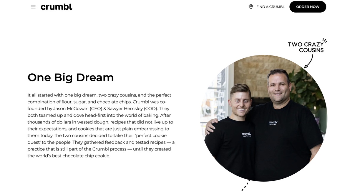 Screenshot of Crumbl Cookies' About page with photo of founders and paragraph explaining the cookie company's conception