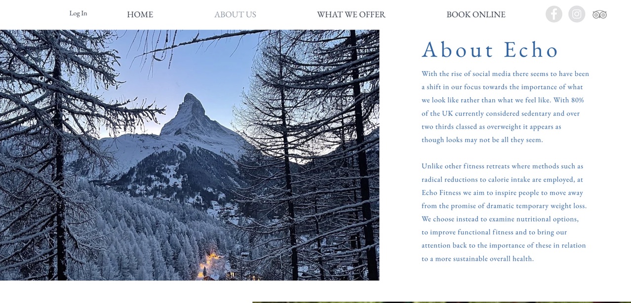 Screenshot of Echo Fitness About page with photo of mountain and paragraphs explaining the meaning behind their brand name and how they differ from competitiors