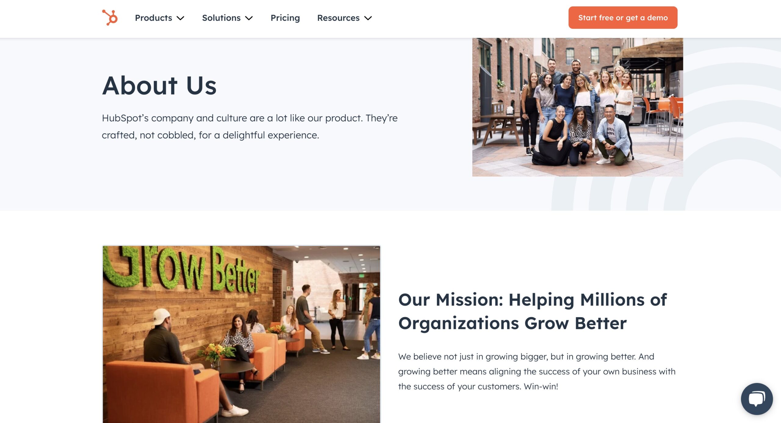 Screenshot of Hubspot's About Us webpage with team photos and accompanying copy about their mission