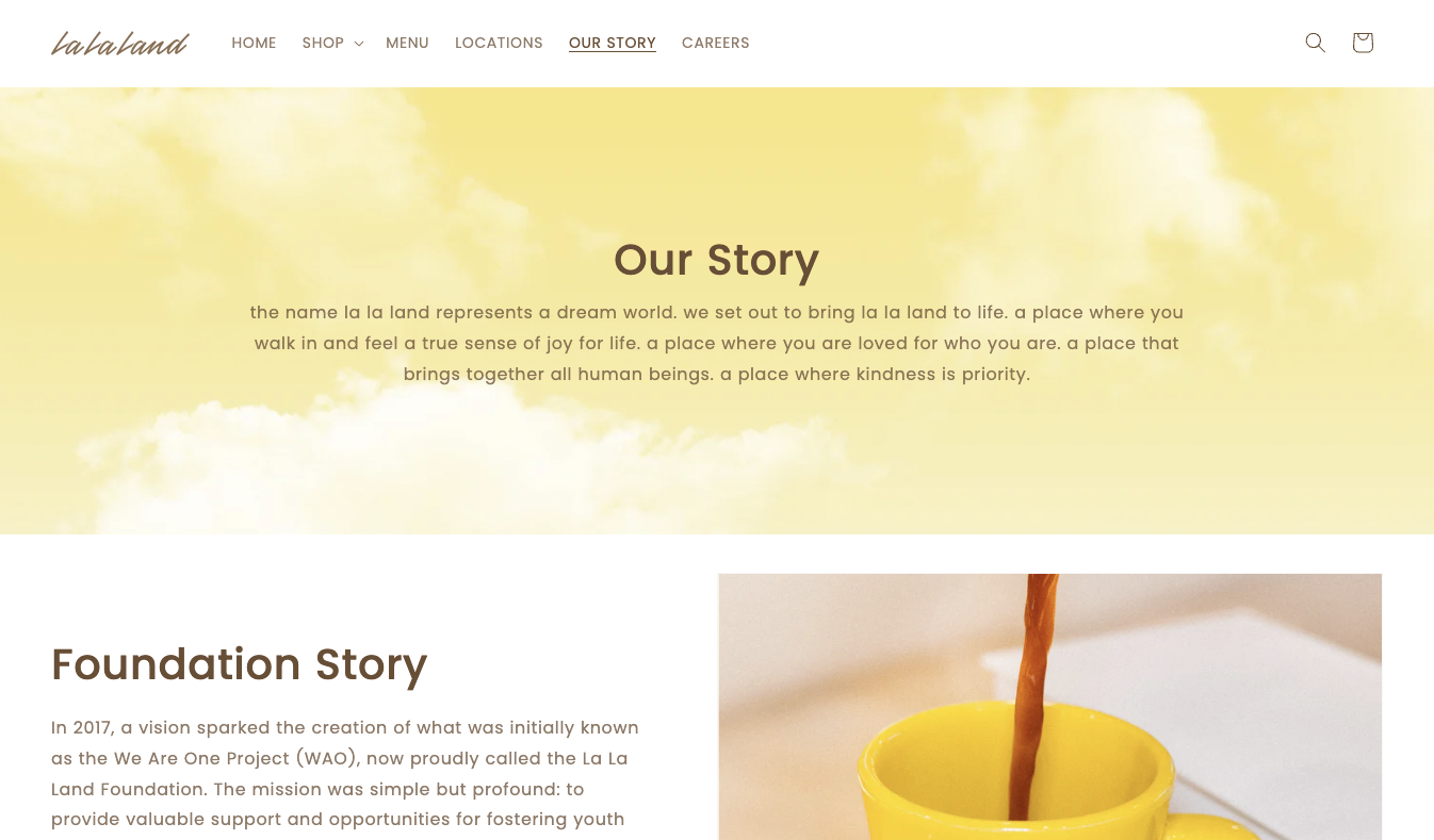 Screenshot of La La Land Kind Cafe Our Story page with the company's ethos and foundation story