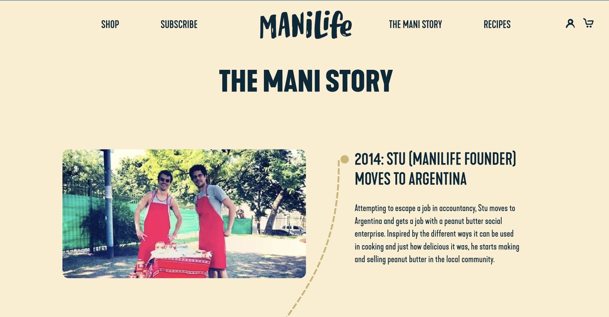 Screenshot of ManiLife's The Mani Story page with a timeline graphic of their company and a photo of the two founders