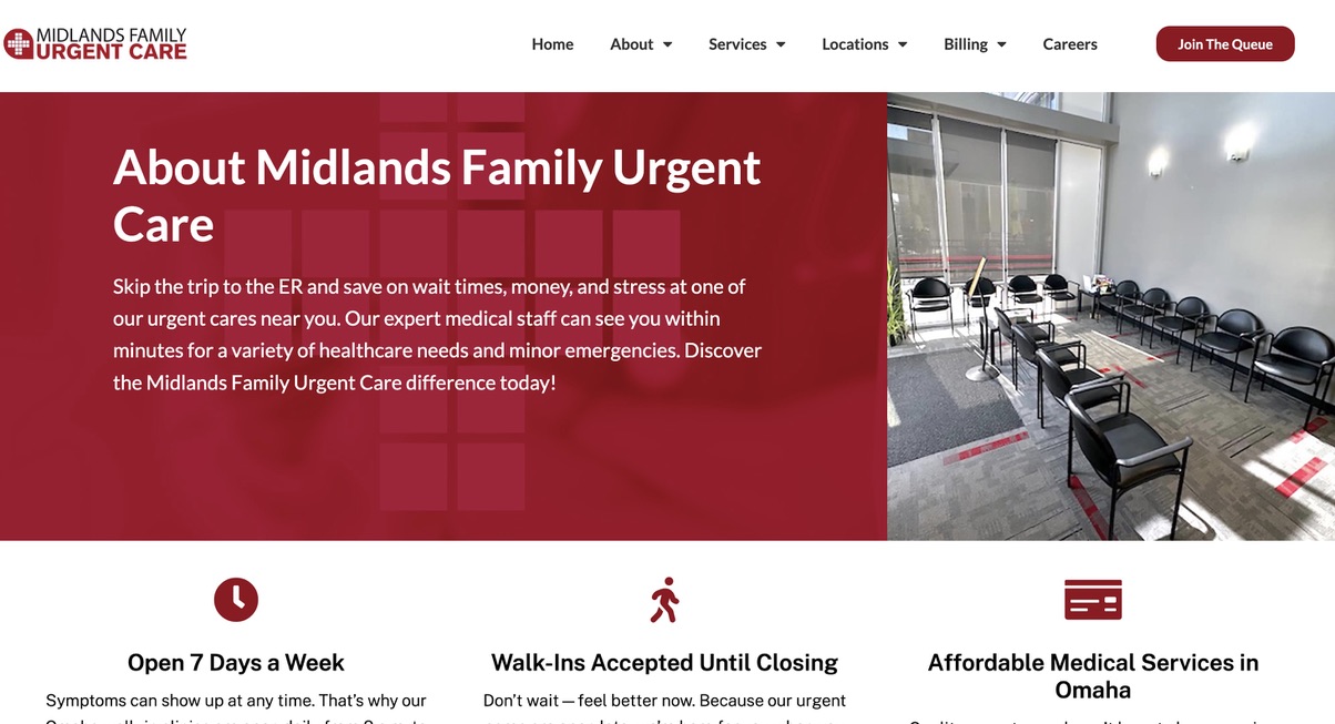 Screenshot of Midlands Family Urgent Care About page on website with photos of their clinic waiting room and text about why patients should choose them over competitors