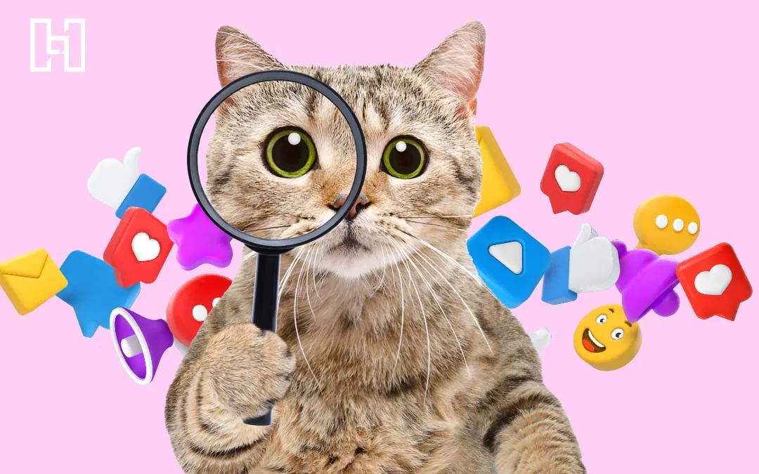 Cat holding a magnifying glass to eye with social media platform logos in background