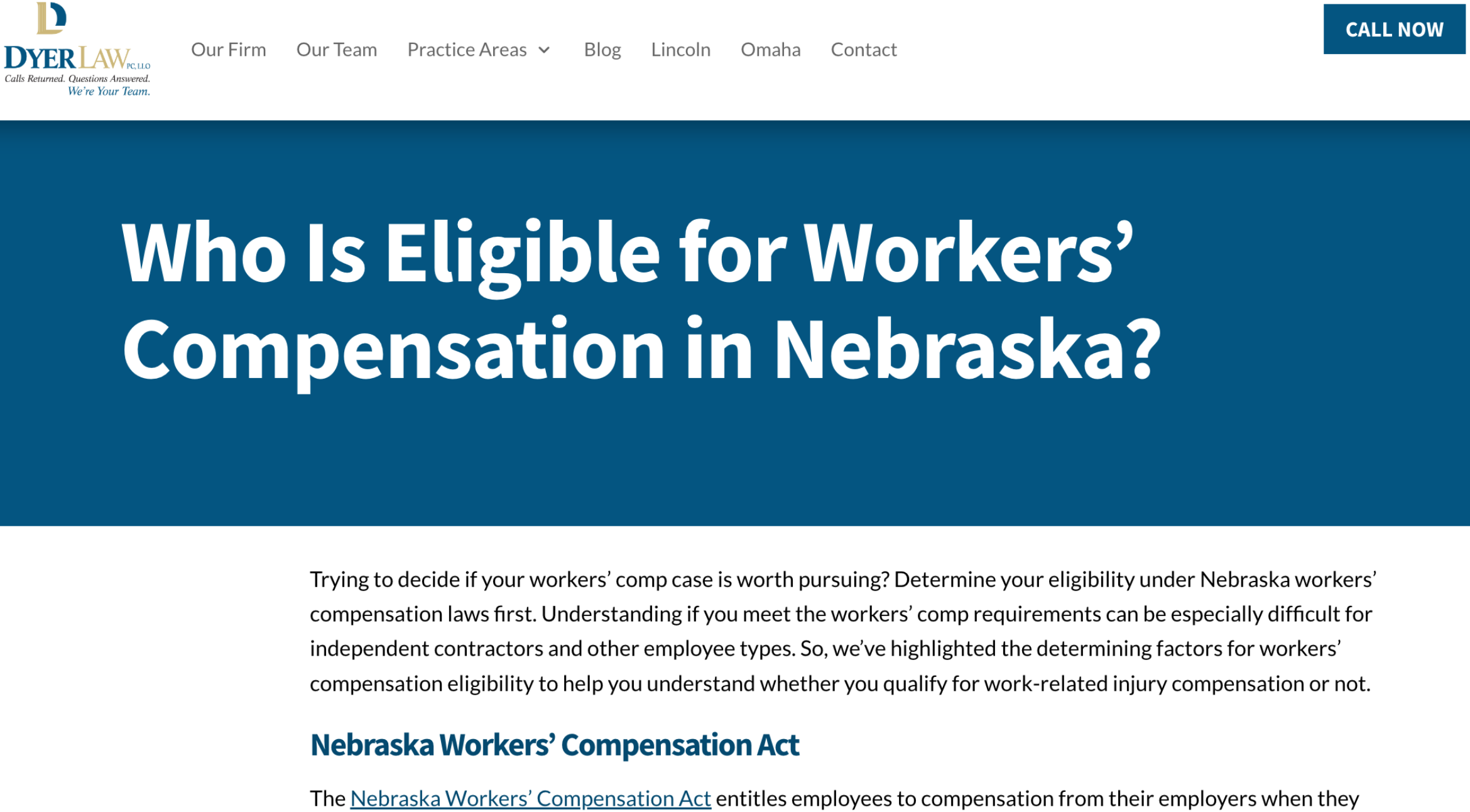 Screenshot of Who Is Eligible for Workers’ Compensation in Nebraska? post on Dyer Law