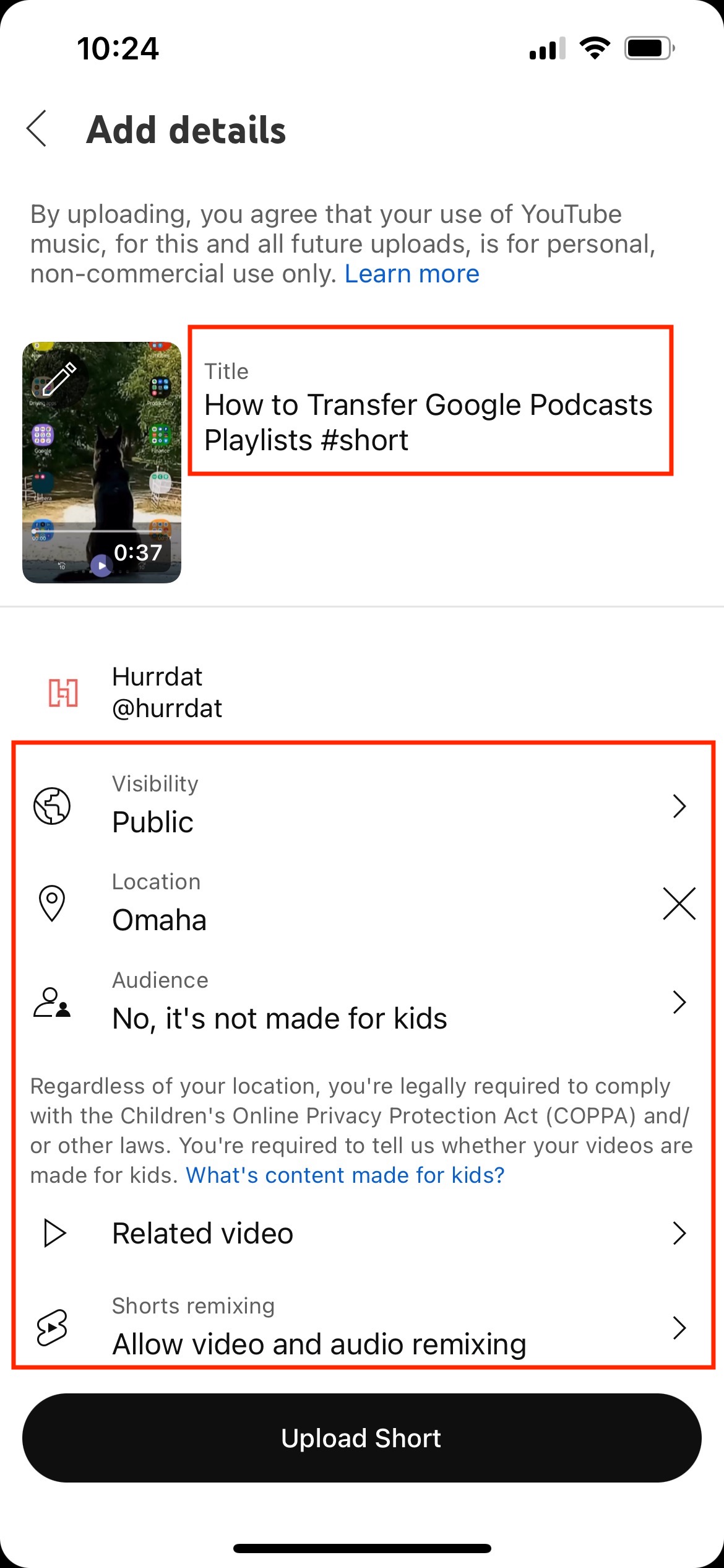 Screenshot of YouTube Short video details like title, location, audience, and visibility