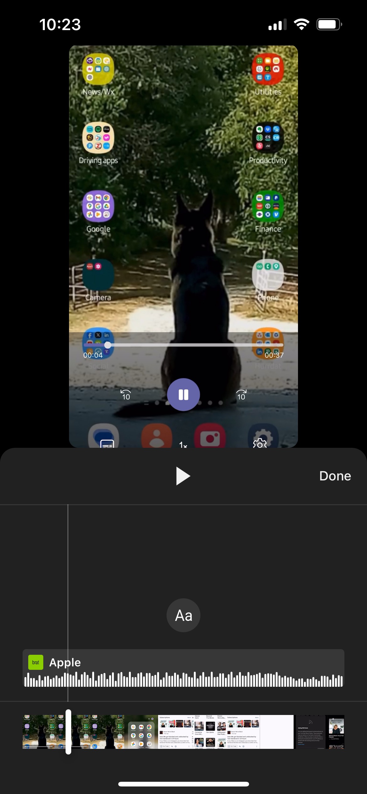 Screenshot of uploaded video with the song Apple selected as music to play over it