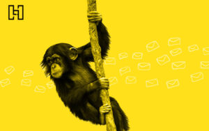 Chimp like the Mailchimp logo swinging from a vine with white envelope drawings like sent email icons on yellow background