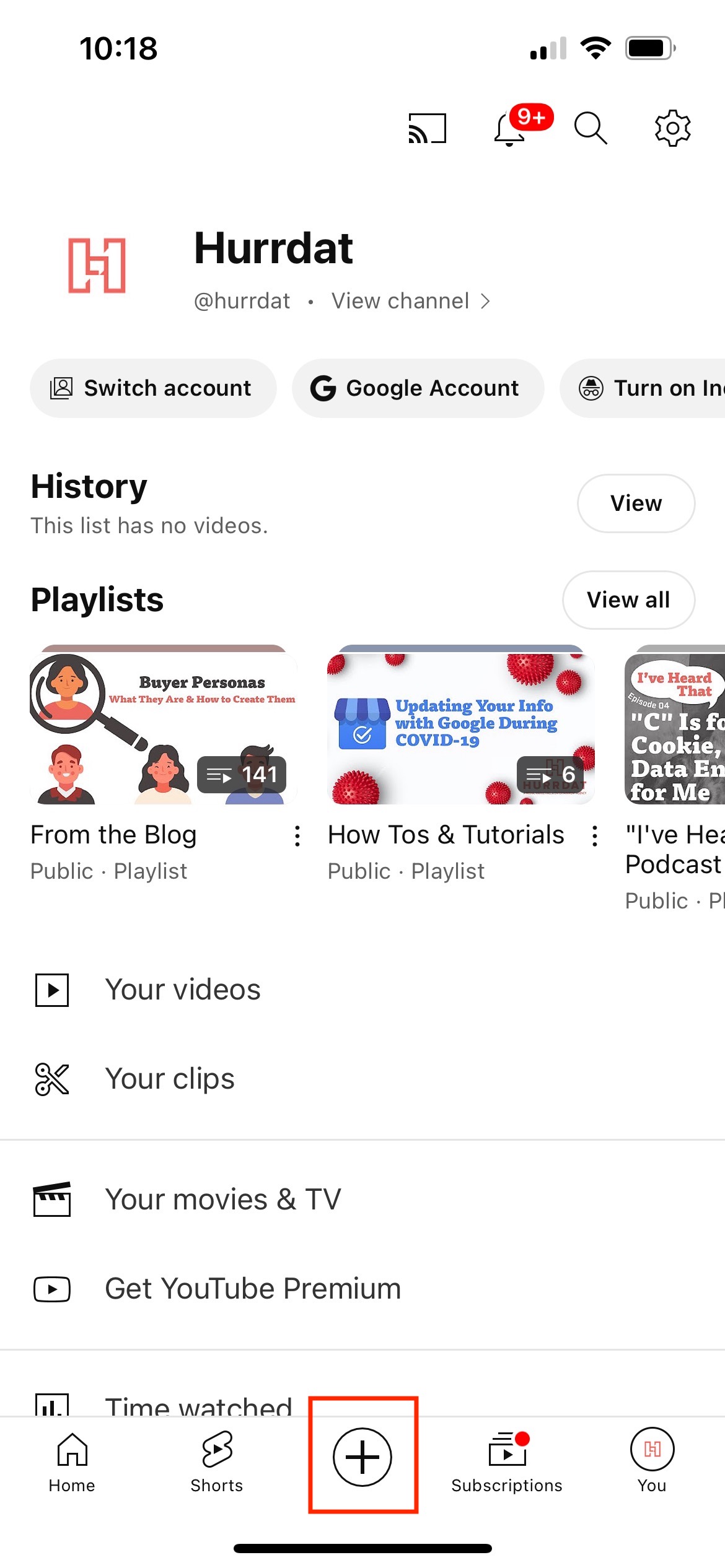 Screenshot of homepage of YouTube Studio app when logged in with red box around Create (+ icon) button at bottom