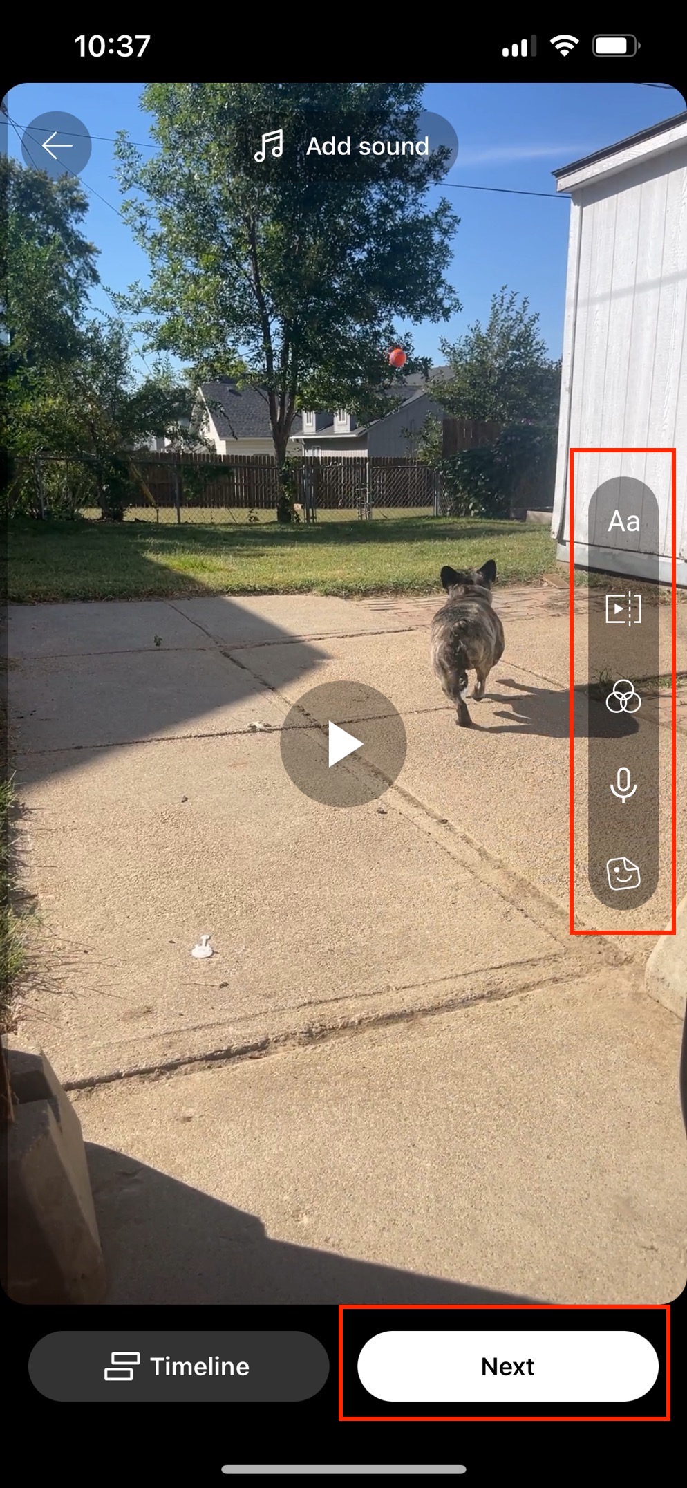 Screenshot of YouTube Shorts recording with side menu and Next button in red boxes that you can select to add text, filters, audio, and other features