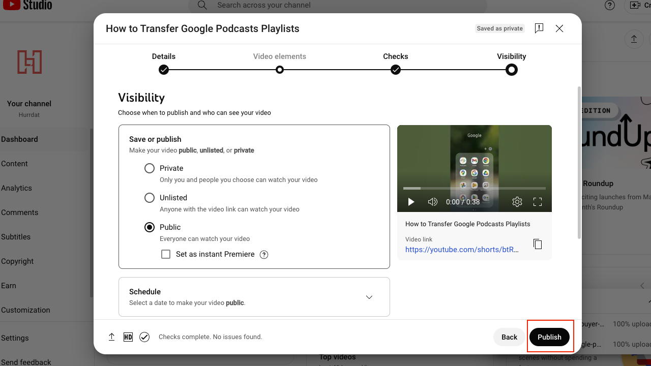 Screenshot of final confirmation screen on YouTube video from desktop with Publish button surrounded by red box