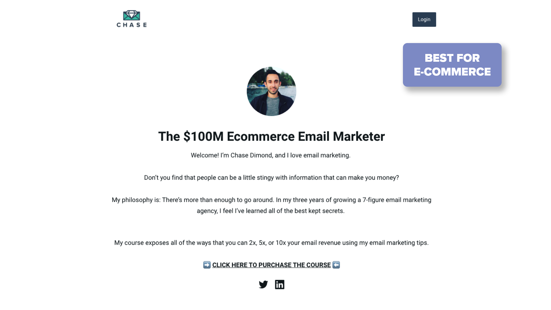 Screenshot of Chase Dimond's E-commerce Email Marketer course page with award tag in top right corner reading "Best for E-Commerce"