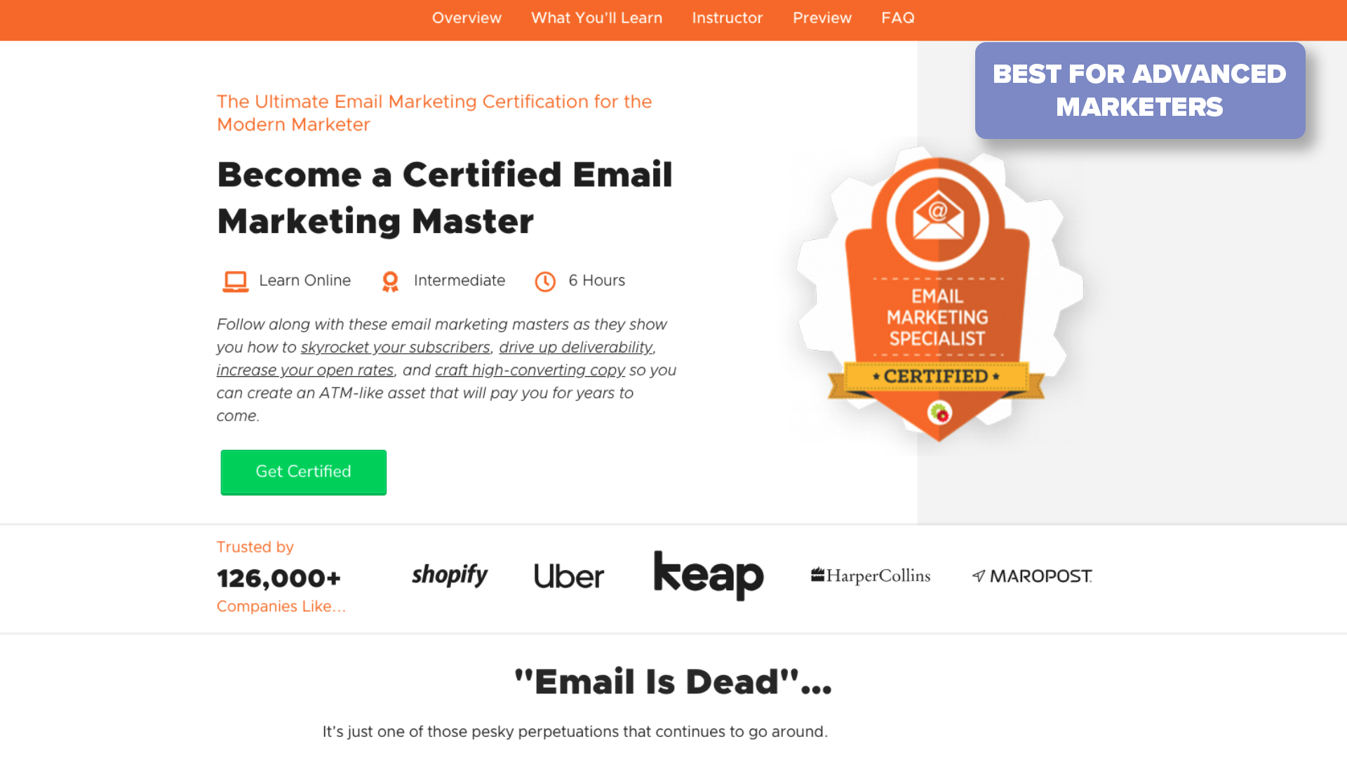 Screenshot of DigitalMarketer's Become a Certified Email Marketing Master course page with award tag in top right corner saying "Best for Advanced Marketers"