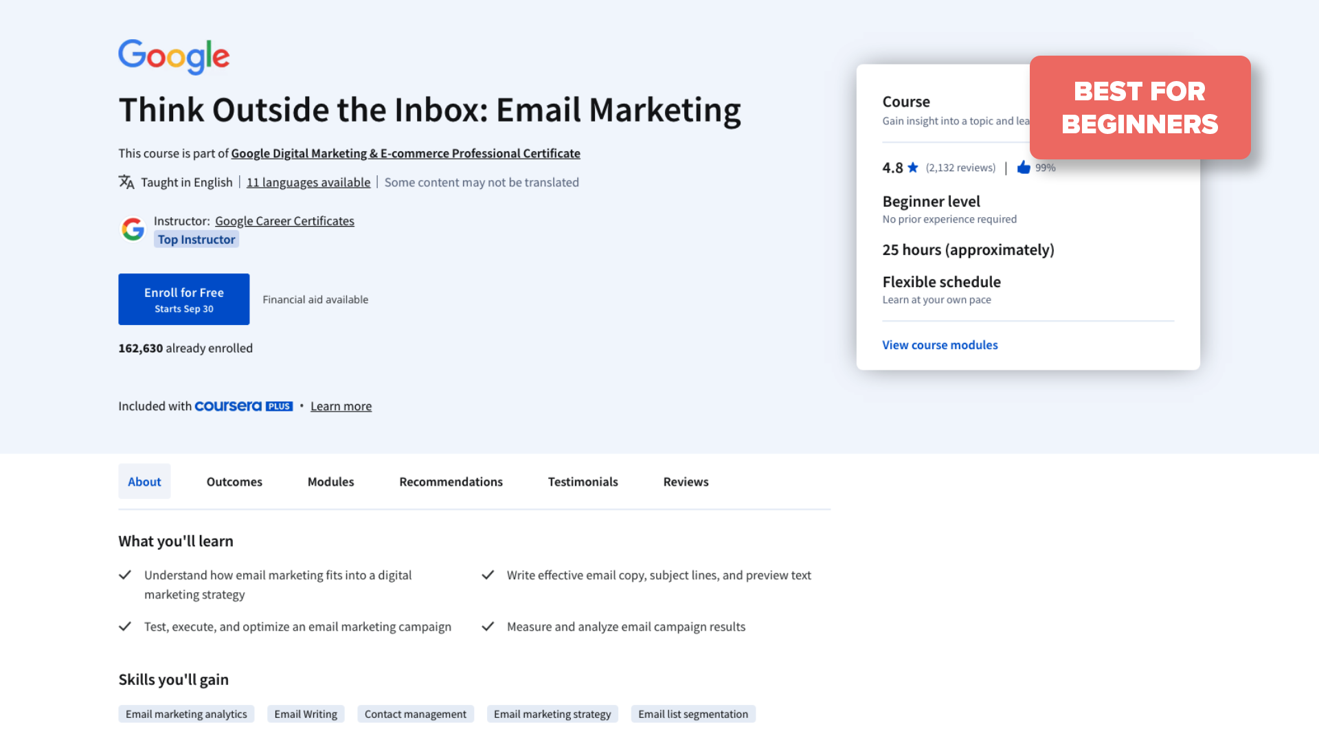 Screenshot of Google's Think Outside the Inbox: Email Marketing course page with a tag "Best for Beginners" in the top right corner