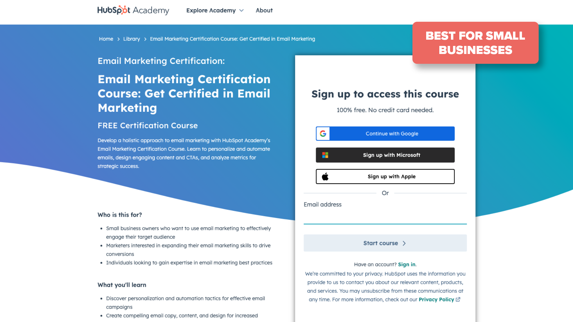 Screenshot of HubSpot Academy's Email Marketing Certification: Get Certified in Email Marketing course page with award tag in top right corner reading "Best for Small Businesses"