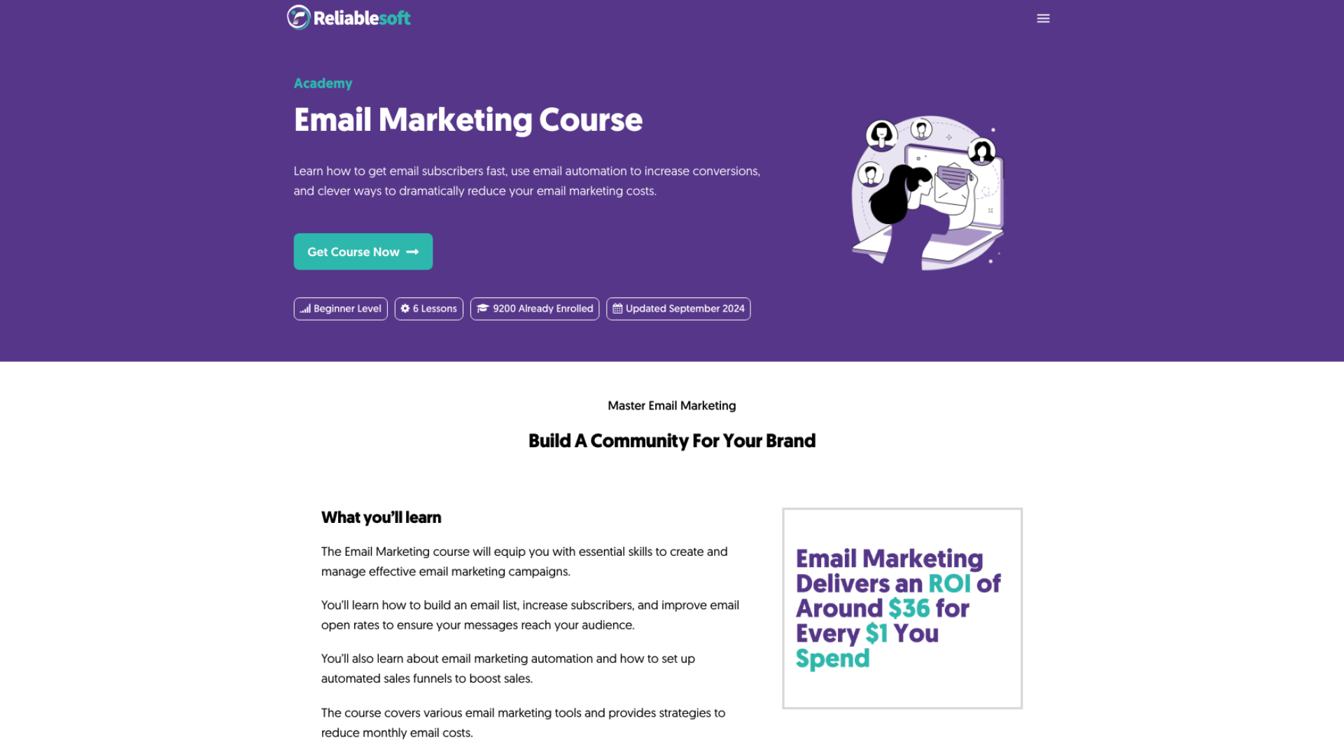 Screenshot of Reliablesoft's Email Marketing Course class page