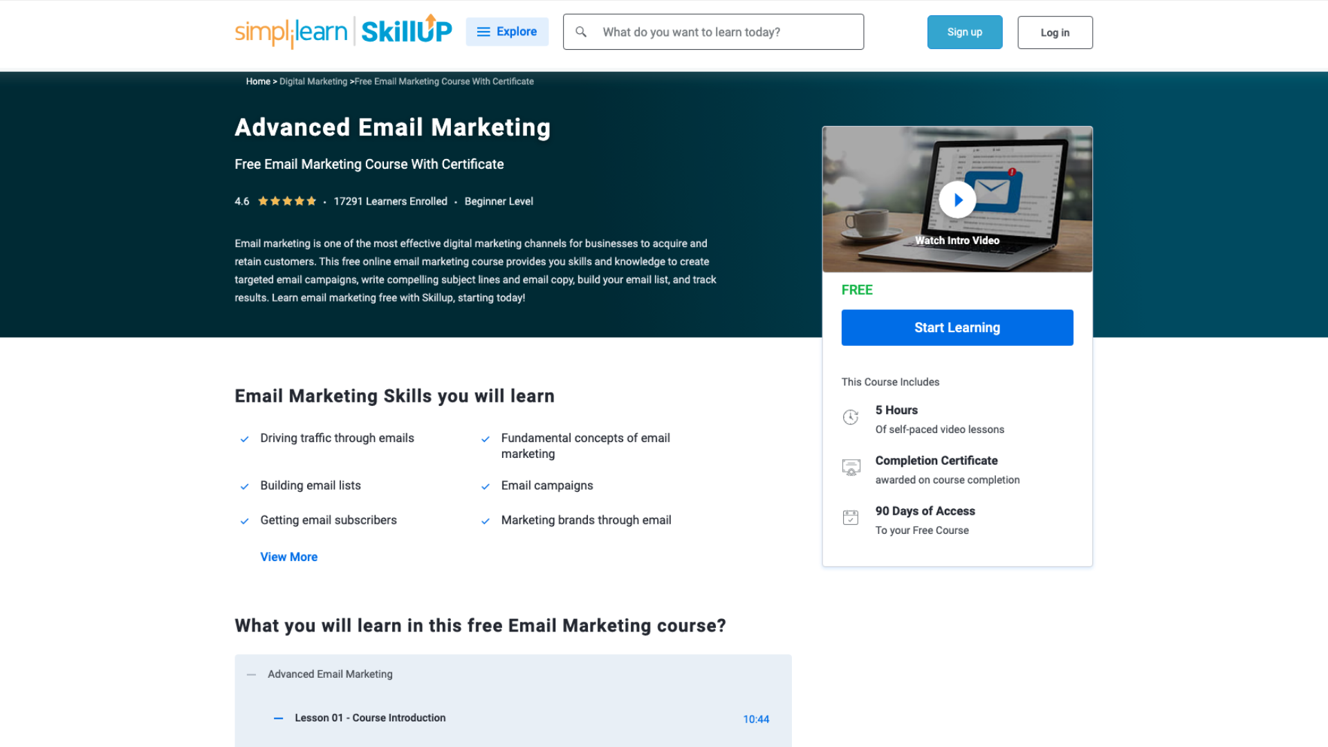 Screenshot of Simplilearn's Advanced Email Marketing course page