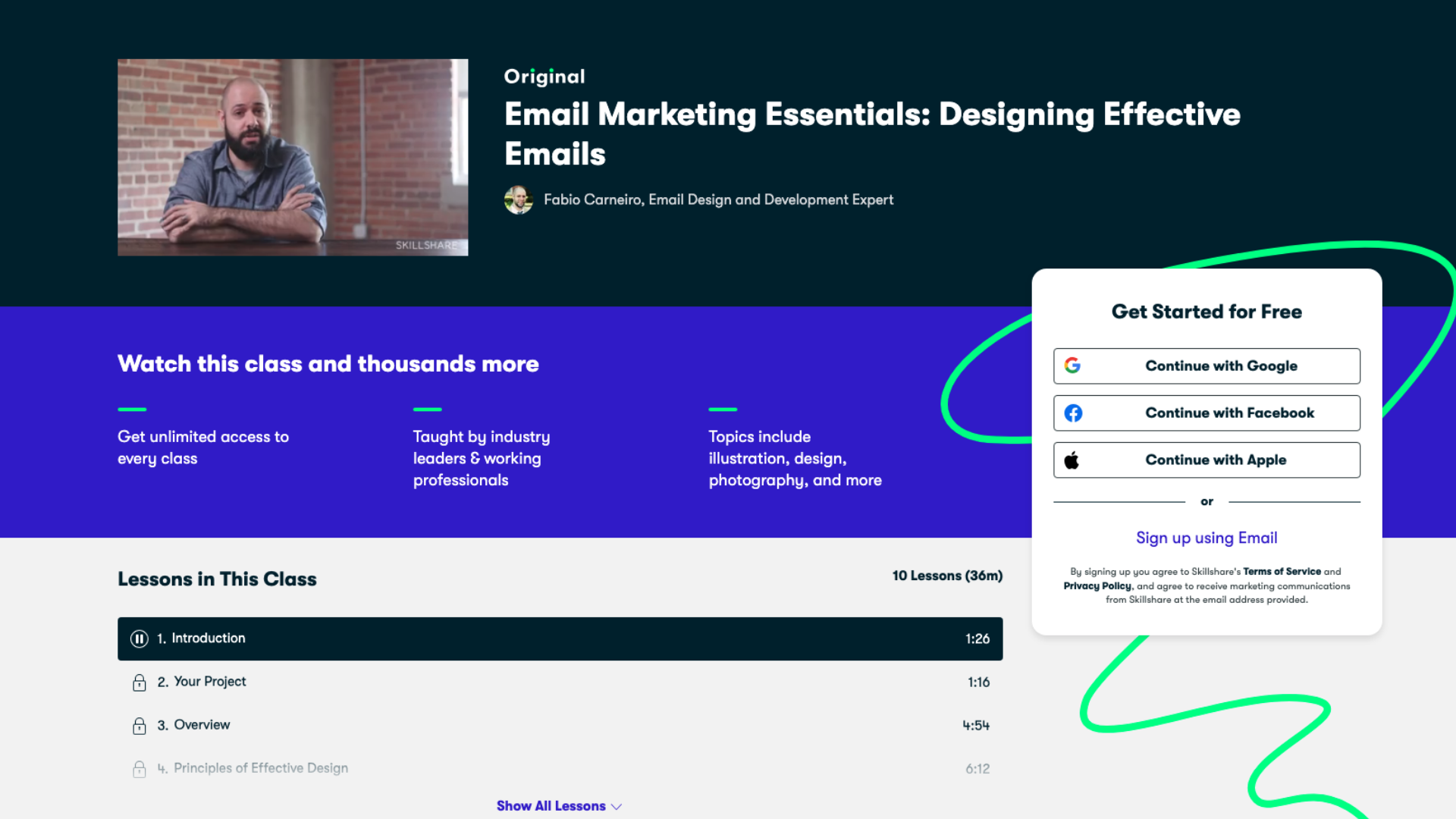 Screenshot of Skillshare's Email Marketing Essentials: Designing Effective Emails course page