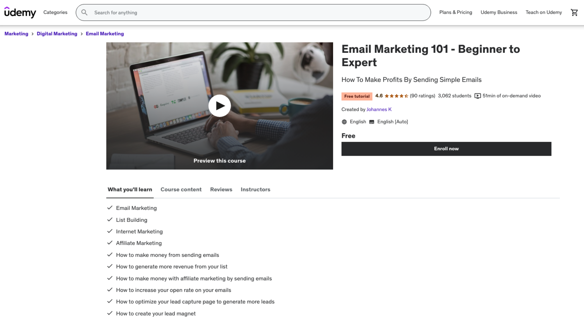 Screenshot of Udemy's Email Marketing 101 - Beginner to Expert course page