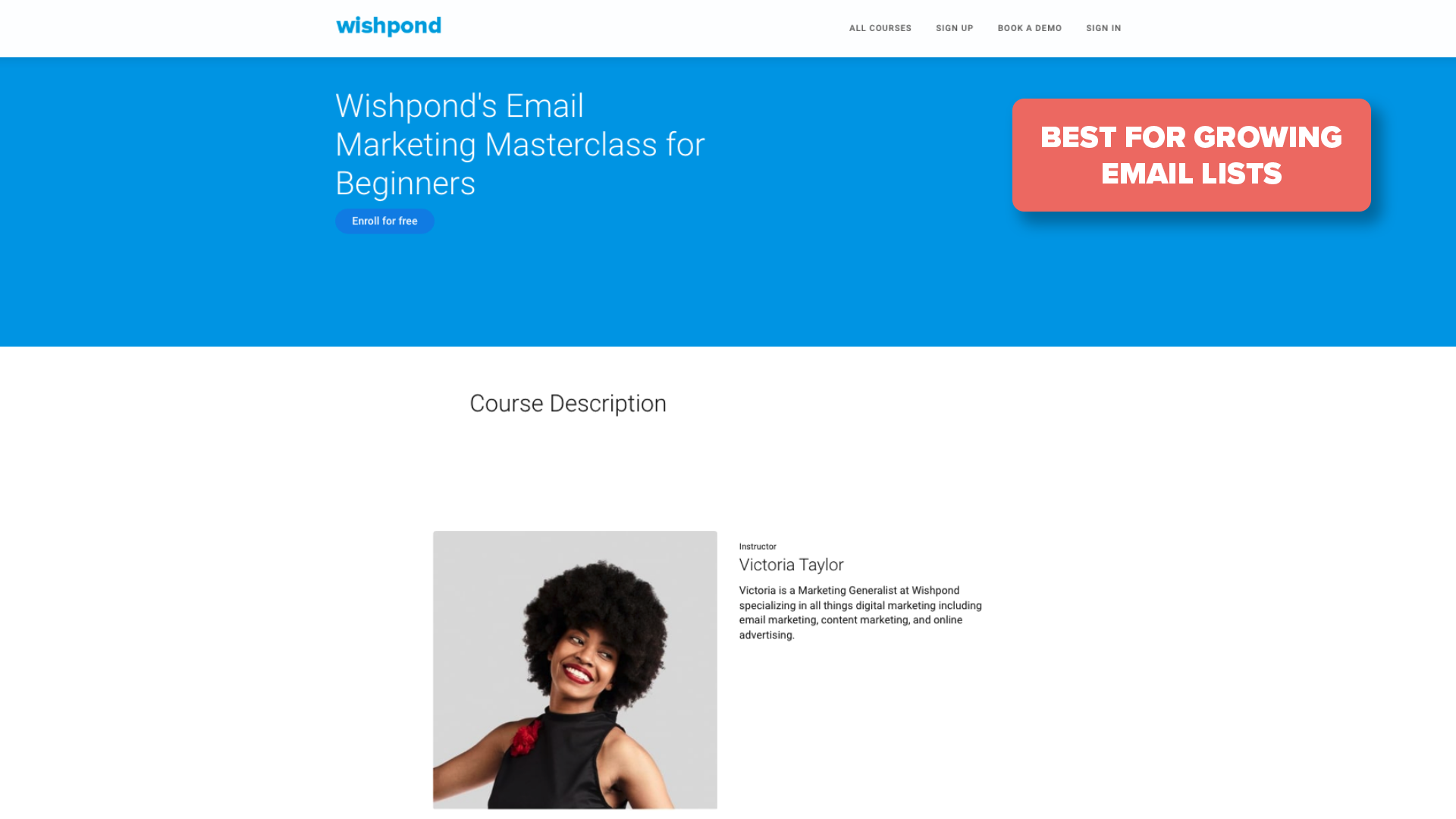 Screenshot of Wishpond's Email Marketing Masterclass for Beginners course page with award tag in top right corner saying "Best for Growing Email Lists"