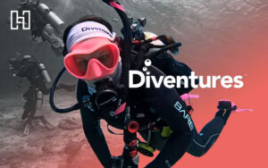 Scuba diver in full gear diving for case study about swim school achieving 114% increase in website clicks with Hurrdat's local SEO services