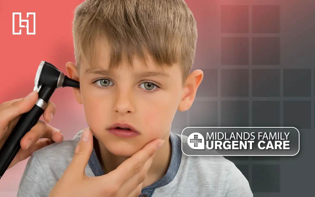 Child at urgent care getting ear checked by medical professional with Midlands Family Urgent Care and Hurrdat logos in foreground