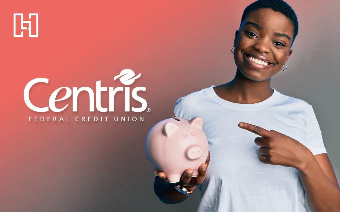 Woman holding piggy bank and pointing at it with Centris Federal Credit Union beside her