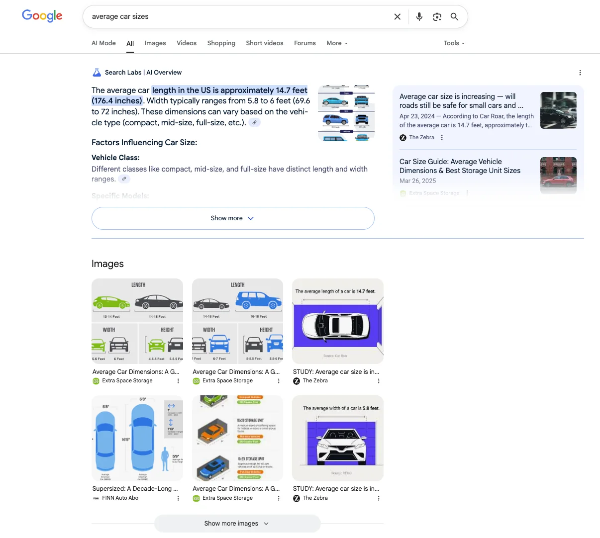 Rich content for car size guide for self storage client in Google Image results on SERP