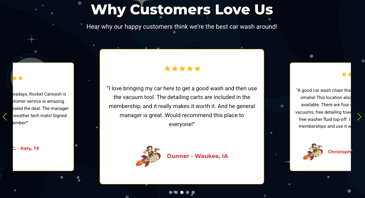 Screenshot of customer reviews on Rocket Carwash webpage as example of user-generated rich content