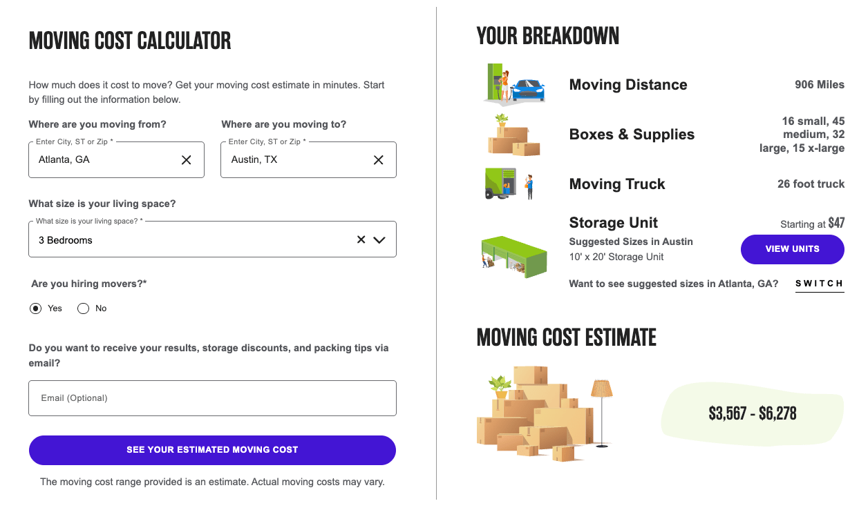 Screenshot of Extra Space Storage moving cost calculator page with interactive elements as rich content type example