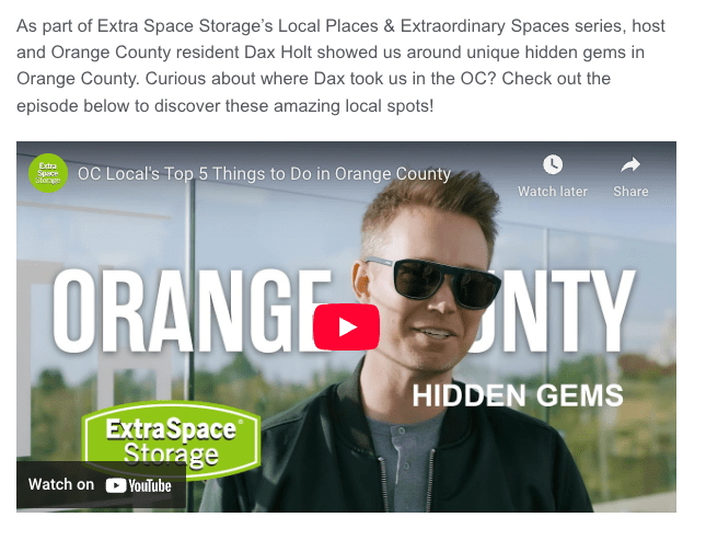 Screenshot of Orange County hidden gems video for Extra Space Storage embedded into blog post