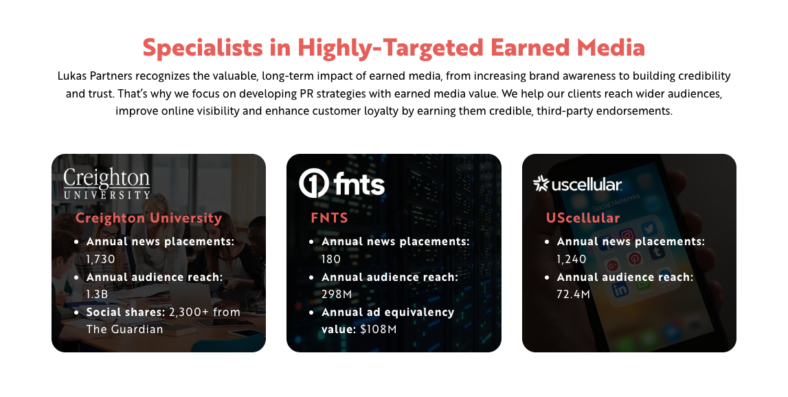 Lukas Partners website screenshot - notable clients and campaign results